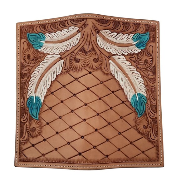 Western Ladies Bi fold Wallet Hand Tooled Painted Feathers Zippered Pocket 8"x4" - Picture 2 of 7